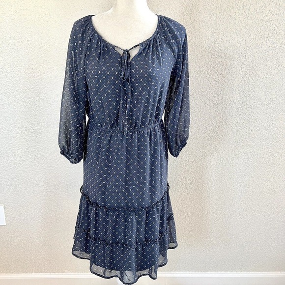 Mikarose Dresses & Skirts - Mikarose Women's Small Navy Blue Polka Dot Floral Sun Dress Puffy Sleeves